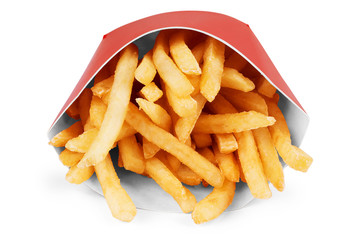 French fries in a red carton box isolated on white