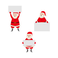 vector flat cartoon Santa Claus in red white clothing and hat keeping blank white paper with free space for a text set. Illustration isolated on a white background. Christmas ,new year poster design