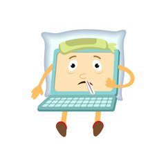 vector flat cartoon funny laptop humanized male character with arms, legs and face holding termometer in mouth, suffering from headache . Isolated illustration on a white background.