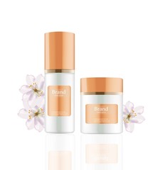Cream and Lotion Cosmetics set Vector realistic mock up. Orange package Hydration cream bottle. Perfect for advertising, flyer, banner, poster. 3d illustration