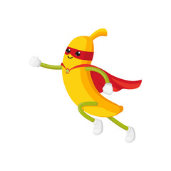 vector flat cartoon banana character in red cape, mask dashing. Isolated illustration on a white background. Funny stylized humanized fruit and vegetable super hero protecting people's health concept.