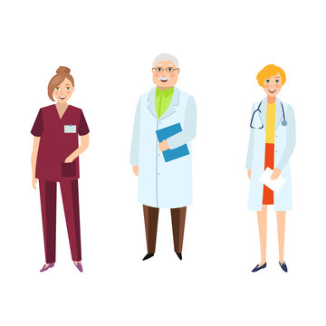 vector flat cartoon adult male, female doctors, head physician, nurse in medical clothing holding clipboard, stethoscope smiling set. Isolated illustration on a white background.