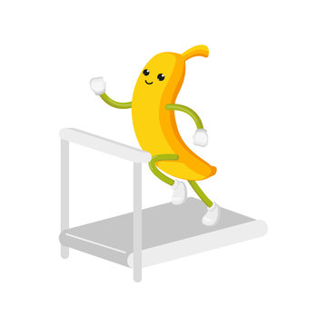 vector flat funny banana character jogging. Cheerful humanized fruit makes cardio exercises, running on treadmill . Isolated illustration on a white background. Healthy, sportive lifestyle concept