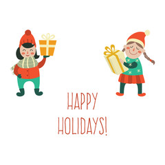 vector cartoon girls character in winter hat keeping present box in hands with smile on his face, happy holidays inscription. Flat illustration on a white background. Christmas, new year birthday gift