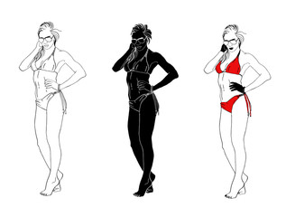 Set of vector girls in swimsuit and glasses isolated.Black silhouette of the girl, hand drawn girl in red swimsuit stand on toes and pose for a photo. Outline girl in glasses. 