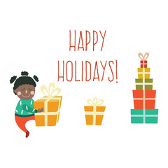 vector flat black girl character keeping present box in hands smiles dancing, boxes pyramid, happy holidays inscription set. Illustration on a white background. Christmas, new year birthday gift