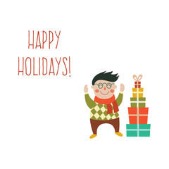 vector boy makes pyramid from present boxes with smile on his face, happy holidays inscription . Flat illustration on a white background. Christmas, new year birthday gift concept