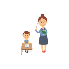 vector flat cartoon cute schoolboy character sitting at desk in elementary school smiling and teacher with pointer. Isolated illustration on a white background. Child education, back to school concept