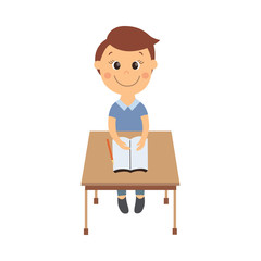 vector flat cartoon cute schoolboy character sitting at desk in elementary school smiling. Isolated illustration on a white background. Child education, back to school concept