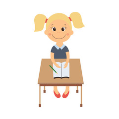 vector flat cartoon cute schoolgirl character with blond braid tails sitting at desk in elementary school smiling. Isolated illustration on a white background. Child education, back to school concept