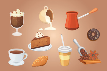 Coffee set and sweet desserts isolated vector illustration. Different drink types including espresso, macchiato, chocolate.