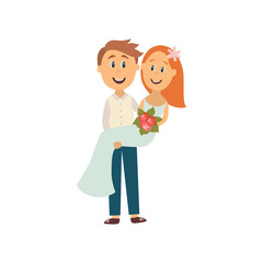 vector flat cartoon groom carrying bride holding her in his arms smiling. Illustration isolated on a white background. Wedding, marriage concept character design