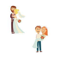 vector flat cartoon groom and bride newlywed couple set. People holding and hugging each other with love and care. Illustration isolated on a white background. Wedding concept character design