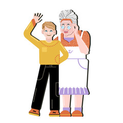 Grandparent  and grandson standing together. Little boy standing on granny shoulders. Grandma embracing grand son. Generations & family love and  happiness . Flat style vector illustration. 