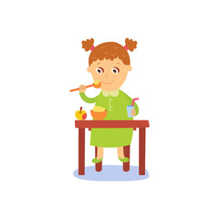 vector flat cartoon girl kid eating apple porridge with drink sitting at baby table from plate, smiling. isolated illustration on a white background. Daily routine concept