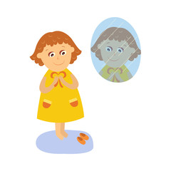 vector flat cartoon girl kid dressing in front of the mirror. Isolated illustration on a white background. Happy child character, daily routine concept.