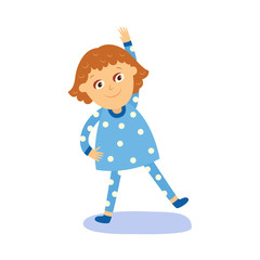 vector flat cartoon girl kid in night blue pajamas making morning gymnastics, physical exercises smiling. isolated illustration on a white background. Daily routine concept