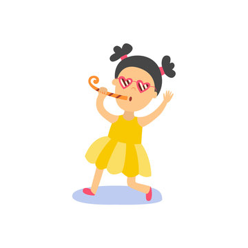 vector flat cartoon girl kid in funny heart glasses, yellow dress faving fun whistling. isolated illustration on a white background. Kids patty concept