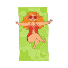 vector flat cartoon caucasian plump woman in red swimsuit lying on green decorated beach mat in sunglasses. Female cute character sunbathing at summer. Isolated illustration on a white background.