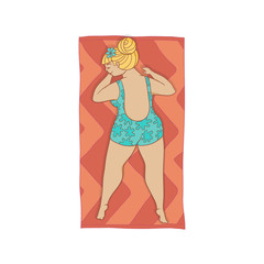 vector flat cartoon style caucasian plump woman in dotted swimsuit lying on red beach mat. Female cute character sunbathing at summer. Isolated illustration on a white background.