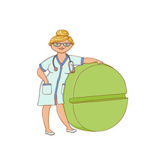 vector flat cartoon woman doctor nurce in white medical clothing gown holding huge big circle green pill drug. Adult female character. Isolated illustration on a white background.
