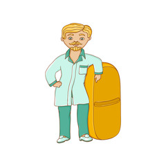 vector flat cartoon male doctor nurce in green medical clothing holding huge big pill drug. Adult man character. Isolated illustration on a white background.