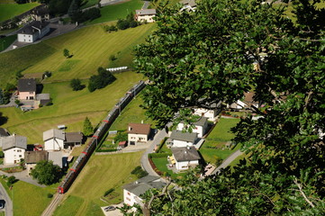 Bernina Express Train at Brusio on the Swiss alps