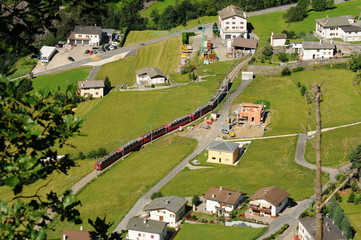 Bernina Express Train at Brusio on the Swiss alps