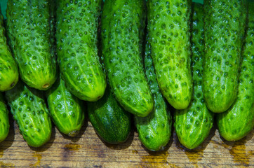 Washed cucumbers are made up of two tiers on a wooden surface.