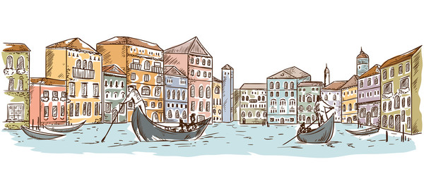 Naklejka premium Wenecja. Pejzaż miejski z domami, kanałem i łodziami. Vintage ilustracji wektorowych w stylu szkicu