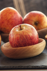 Ripe unpeeled juicy red yellow apples fall 