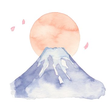 淡い紫の富士山、朝日、桜