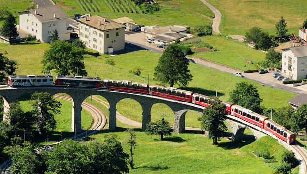 Bernina Express Train at Brusio on the Swiss alps