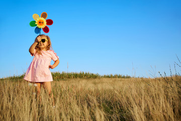 Little girl in pink dress in summer field. Childhood.