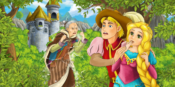 cartoon scene with beautiful princess and prince standing and looking shocked because of old scary witch