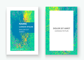 Naklejka na ściany i meble Neon colorful explosion paint splatter artistic covers design. Decorative bright texture splash spray on turquoise backgrounds. Trendy template vector Cover Report Catalog Brochure Flyer Poster Banner