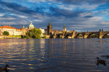 Vltava river in Prague, Czech Republic at the sunset