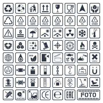 Packaging symbols set, cargo icons, vector illustration