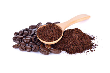 ground coffee and roasted coffee beans arabica strong blend on white background