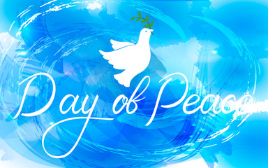 Fototapeta premium Peace dove with olive branch for International Peace Day poster. Inscription brush Day of Peace on watercolor background