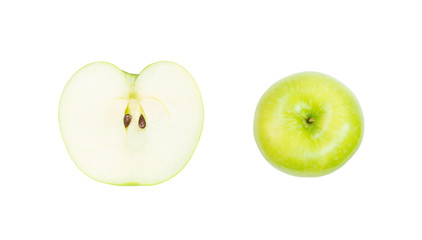 Fresh green apple cut in half (side view) and whole apple of top view (flat lay) isolated on white background (clipping path included)