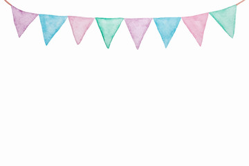 Naklejka premium Colorful party bunting flag watercolor drawing isolated on white background, Holiday greeting card background