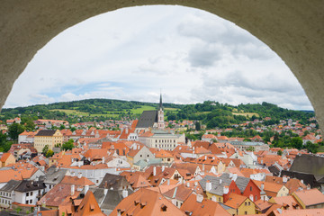 Aerial view of Cesky Krumlov, Czech :Beautiful orange village, View from wall vent