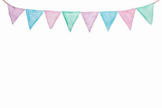 Colorful party bunting flag watercolor drawing isolated on white background, Holiday greeting card background