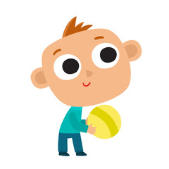 Vector illustration of happy kid isolated on white background. Pretty child with ball.  