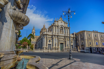 Piazza del Duomo in Catania with the Elephant Statue and the Cathedral of Santa Agatha in Catania in Sicily, Italy