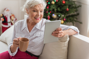 Positive old woman is relaxing on sofa with modern device