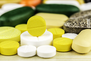 Drug prescription for treatment medication. Pharmaceutical medicament, cure in container for health. Pharmacy theme, capsule pills with medicine antibiotic in packages.closeup,Medicine or capsules.