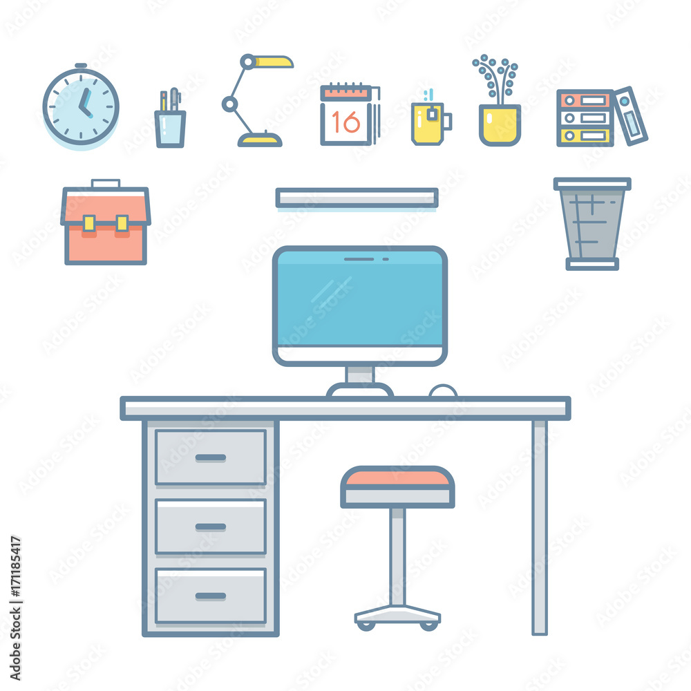 Poster office workspace objects in linear style for design