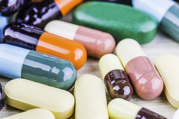 Drug prescription for treatment medication. Pharmaceutical medicament, cure in container for...